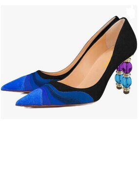 XYD Black-blue Wave Pattern Pointed Toe Slip On Jewelry High Heel Rainbow Pump